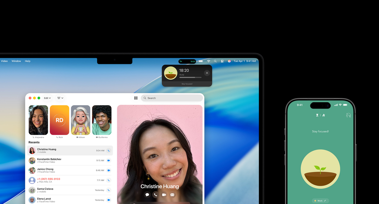 Um MacBook Pro ao lado de um iPhone, a tela do MacBook Pro mostra o app Telefone e Atividades ao Vivo do app Forest e o iPhone mostra o app Forest