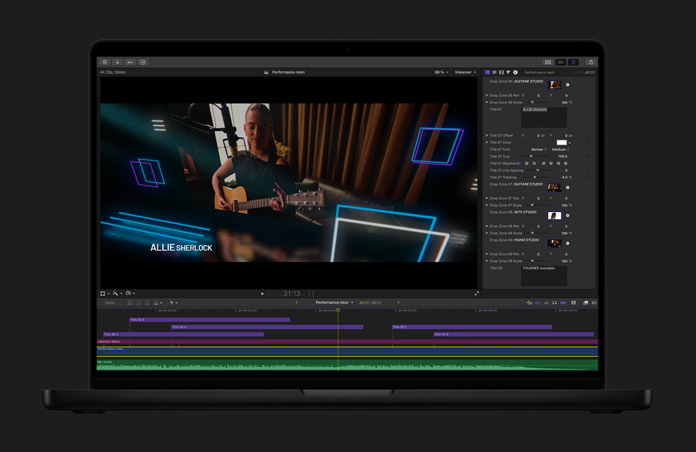 Écran d’un MacBook Pro 16 pouces, fenêtre de montage de Final Cut Pro présentant le plan rogné d’un studio d’enregistrement avec des rideaux en arrière-plan.