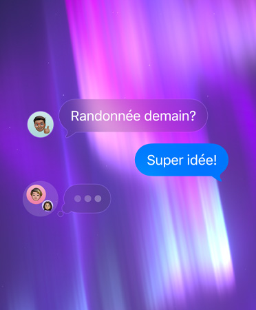Une conversation de groupe dans Messages, avec un arrière-plan abstrait rose, mauve et bleu