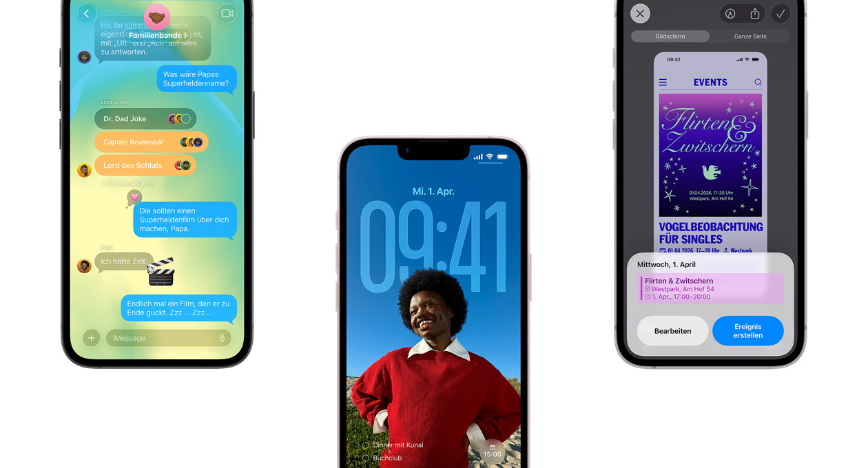 Drei iPhone 17e Geräte, Vorderseiten, die die Nachrichten App mit Liquid Glass Design, den dynamischen Sperrbildschirm und das Feature für Bildschirmfotos mit einem Kalenderereignis zeigen