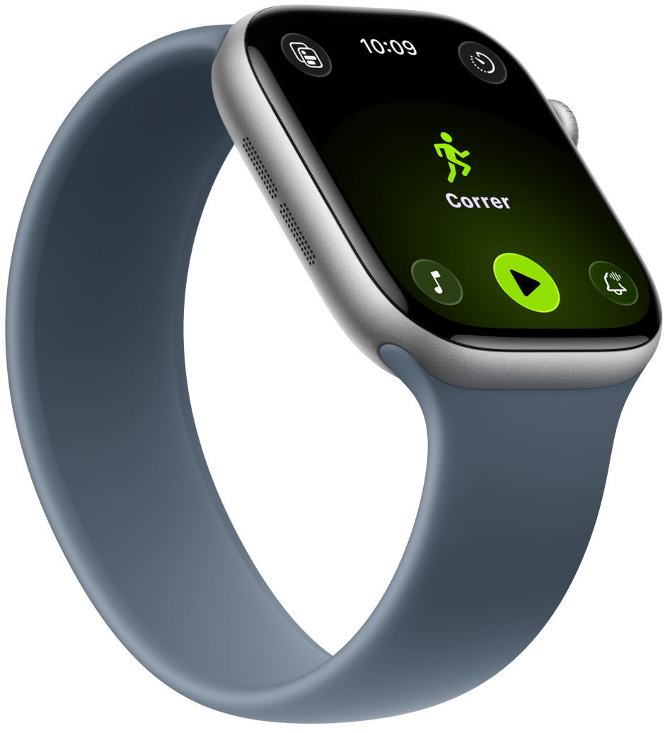 Apple Watch Series 11, caja de aluminio, color gris espacial, entreno Correr, controles de Apple Music en la parte inferior de la pantalla, correa Solo Loop, color azul náutico