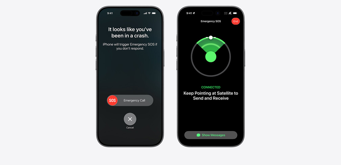 Côte à côte, iPhone affichant la fonctionnalité Détection des accidents, iPhone affichant la fonctionnalité SOS d’urgence en cours d’utilisation