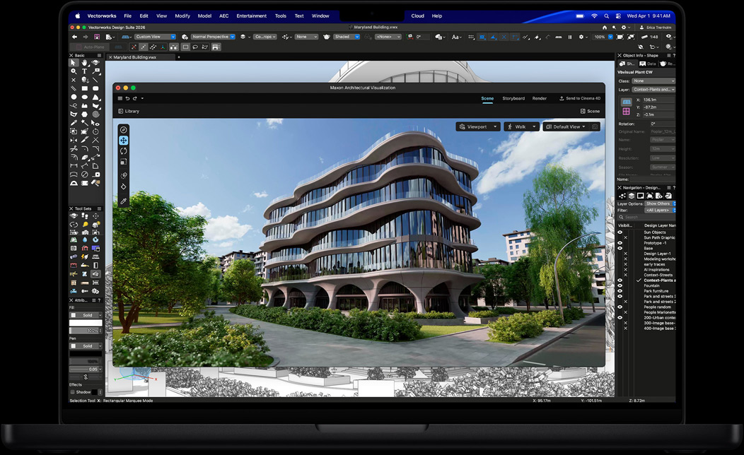Écran d’un MacBook Pro affichant Vectorworks Design Suite avec Maxon Redshift