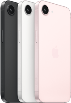 جهاز iPhone 17e، الجهة الجانبية والجزء الخارجي الخلفي، لون أسود، الجهة الجانبية والجزء الخارجي الخلفي، لون أبيض، الجهة الجانبية والجزء الخارجي الخلفي، لون زهري ناعم، كاميرا Fusion في الأعلى، الزر الجانبي