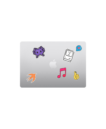 MacBook Air, top exterior, closed, silver color, multicolored stickers surrounding Apple logo