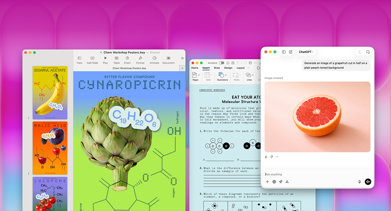 macOS desktop showing Dock with apps including Microsoft Word, Excel, PowerPoint and Teams, PowerPoint app highlighted