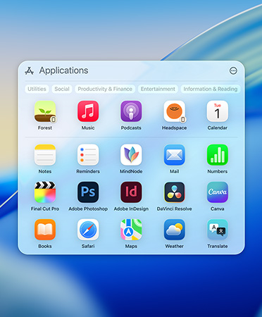Spotlight browsing menu showing apps with category filters: Utilities, Social, Productivity and Finance, Entertainment, and Information and Reading