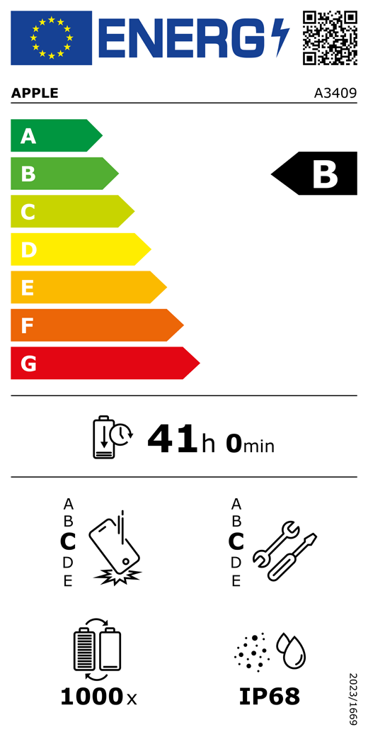 QR kód a informácie na energetickom štítku EÚ, model Apple A3409, trieda B, triedy energetickej účinnosti (so stupnicou od A po G), A (najúčinnejšia) až G (najmenej účinná), výdrž batérie na jeden cyklus, 41 hodín a 0 minút na plné nabitie batérie, trieda spoľahlivosti pri opakovanom voľnom páde C, A (najodolnejšia) až E (najmenej odolná), trieda opraviteľnosti C, A (najopraviteľnejšia) až E (najmenej opraviteľná), výdrž batérie 1000 cyklov, stupeň ochrany proti vniknutiu prachu a vody (IP) IP68, nariadenie 2023/1669