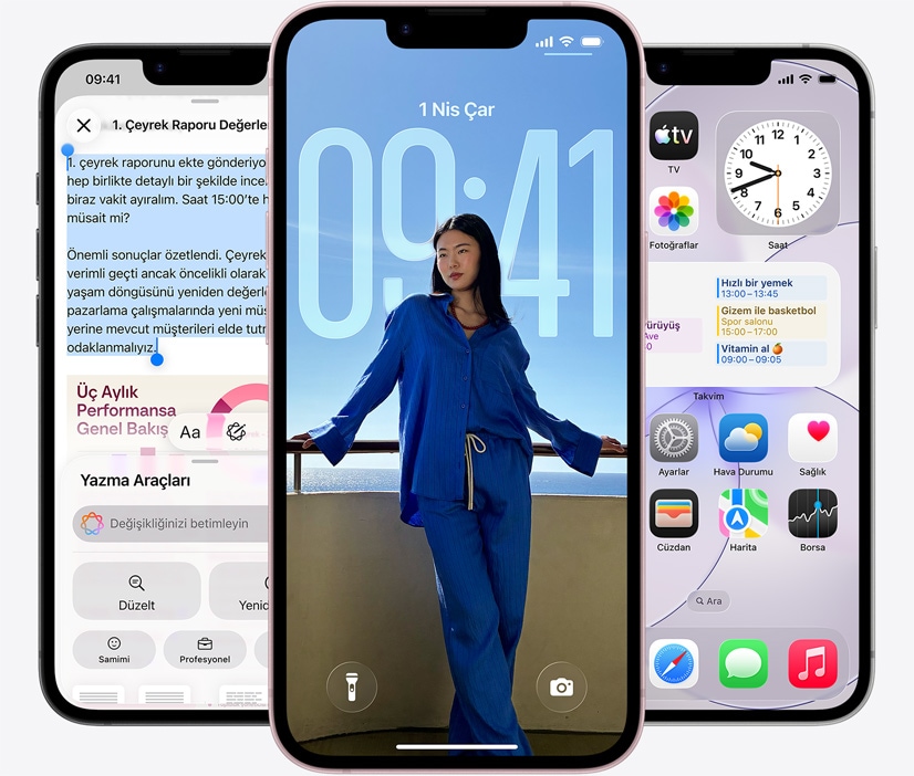 Üç adet iPhone 17e, önden dış görünüm, Yazma Araçları’nın kullanıldığını gösteren ekran görüntüsü, bir kişinin fotoğrafının bulunduğu Kilit Ekranı ve mesaj gönderilen Mesajlar uygulaması 