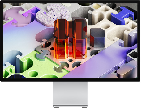 Parte da frente do Studio Display XDR com uma imagem de fundo tridimensional semelhante a um quebra-cabeça