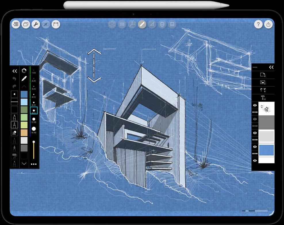 iPad Pro, front exterior, landscape orientation, space black colour, Apple Pencil Pro resting atop iPad Pro, side exterior, landscape orientation, white colour, display showing architectural drawing with effects and tools open in left and right menus