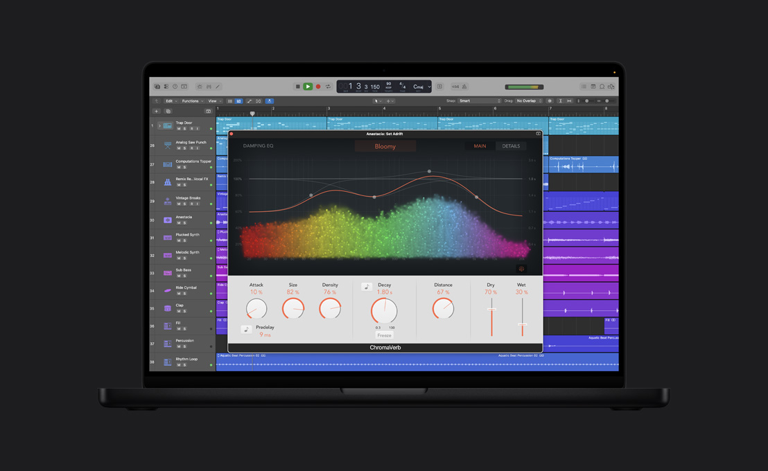 MacBook Pro 16 screen showing ChromaVerb, Anastacia: Set Adrift window, rainbow soundwaves on graph, adjustment dials at the bottom