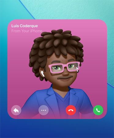 FaceTime Kişi Posteri, ortada Genmoji, sol üstte kişinin adı, alt kısımda yanıtlamak için simgeler, daha fazla seçenek, telefonu kapatma ve açma düğmeleri