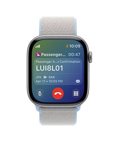 Apple Watch Series 11, Gray, bottom of screen shows a phone call with Delta Air Lines, top of screen shows Delta Air Lines flight information.